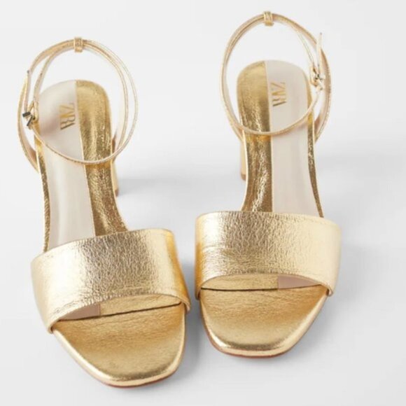 ZARA // ltd ed retro-chic block heel ankle strap faux leather gold - Picture 3 of 6